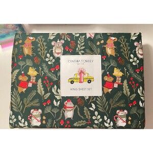 NWT Cynthia Rowley CHRISTMAS MOUSE HOLLY LEAVES DARK Green King Size Sheet Set